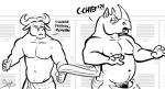 anthro clothed clothing dialogue duo empty_eyes eyebrows horn locker_room male musclegut muscular muscular_male navel nipples open_mouth pecs pubes slightly_chubby text topless towel towel_only towel_whip bgn disney zootopia chief_bogo officer_mchorn bovid bovine cape_buffalo mammal rhinoceros english_text monochrome