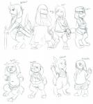 ambiguous_gender anthro blush bottomless clothed clothing female group male melee_weapon scar sword weapon hatiimiga cave_story arthur_(cave_story) chaco_(cave_story) jack_(cave_story) king_(cave_story) santa_(cave_story) sue_sakamoto toroko lagomorph mammal mimiga hi_res monochrome sketch