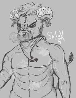 angry anthro bodily_fluids bound chain chained male mature_male muscular muscular_male musk musky_armpit smoke smoke_from_nose solo sweat shitox bovid bovine cattle mammal hi_res