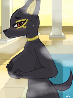 anthro big_breasts blush breasts egyptian female nipples poolside solo wet conditional_dnp whitev egyptian_mythology middle_eastern_mythology mythology anubis anubis_(whisperingfornothing) anubian_jackal canid canine canis deity jackal mammal 3:4 hi_res