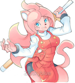 anthro blue_eyes clothing female fur holding_object holding_weapon male male/male pink_body pink_fur red_clothing weapon zipskyblue meredith_(zipskyblue) felid feline mammal hi_res