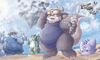 aircraft airship ambiguous_gender annoyed anthro beach big_tail biped blue_body brown_body brown_fur clothed clothing cute_fangs dessert detailed_background eyes_closed eyewear eyewear_on_head fangs floating_island food fur green_body group hat headgear headwear horn ice_cream ice_cream_cone juice_box kemono markings multicolored_body multicolored_fur open_mouth open_smile overweight overweight_ambiguous overweight_anthro plushie popsicle purple_body sand sea sky skyscape smile spikes spikes_(anatomy) straw_hat sunglasses sunglasses_on_head swimwear tail tan_body tan_fur teeth text two_tone_body two_tone_fur vehicle water wearing_sunglasses wing_spikes wings aceekdarzty conditional_dnp mythology gibbo_(aceekdarzty) mindy_(aceekdarzty) roiyaru_(aceekdarzty) tasogare_(aceekdarzty) animate_inanimate dragon furred_dragon furred_scalie living_plushie mythological_creature mythological_scalie scalie 2025 absurd_res artist_name hi_res