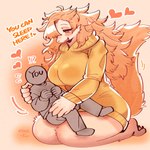 ambiguous_gender anthro big_breasts blush breasts clothing duo female female_anthro female_focus fur hair half-closed_eyes heart_symbol hug kneeling larger_anthro larger_female long_hair narrowed_eyes size_difference smaller_human solo_focus sweater tail topwear comifur loomy_(comifur) canid canine canis human mammal wolf 2024 digital_media_(artwork) hi_res