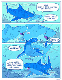 abdominal_bulge angry female female_pred feral feral_pred feral_prey fin gills male male_prey oral_vore sea solo text underwater vore water goatchamp aquatic fish shark absurd_res colored comic english_text hi_res
