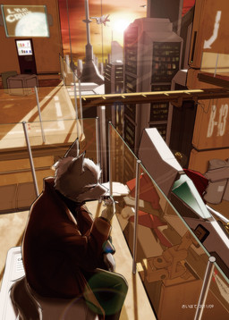 aircraft airplane amazing_background anthro arwing balcony barrel biped cigarette city clothed clothing crate detailed_background directional_arrow flying glass high-angle_view high_place kemono landscape male outside side_view sitting smoke smoking solo sun tail toony vehicle window nejinoki nintendo star_fox wolf_o'donnell canid canine canis mammal wolf 2011 detailed digital_media_(artwork) japanese_description portrait three-quarter_portrait