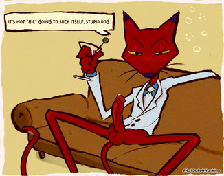 alcohol anthro balls beverage bodily_fluids bottomless bottomless_anthro bottomless_male clothed clothing drunk duo erection fur genital_fluids genitals glans humanoid_genitalia humanoid_penis looking_at_viewer male necktie penis precum presenting presenting_penis red_balls red_body red_glans red_penis simple_background skinny skinny_anthro skinny_male solo spread_legs spreading substance_intoxication suit tail talking_to_viewer text wine notsafeforwanking cartoon_network courage_the_cowardly_dog it_ain't_gonna_do_itself katz_(courage_the_cowardly_dog) canid canine domestic_cat felid feline felis mammal tuxedo_cat absurd_res digital_media_(artwork) english_text hi_res