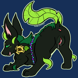 anus belt black_body black_fur blush blush_lines bodily_fluids butt drooling ear_piercing female feral flower fur genital_fluids genitals green_blush green_body green_fur green_tail humanoid_genitalia humanoid_vulva leaf leaf_tail looking_back piercing plant presenting presenting_hindquarters quadruped rope rope_belt saliva solo tail teasing vaginal_fluids vulva randompasserbyer nintendo pokemon spryggis_(randompasserbyer) canid canine eeveelution generation_4_pokemon generation_5_pokemon hybrid leafeon mammal pokemon_(species) zorua alpha_channel hi_res trans_(lore) trans_man_(lore)