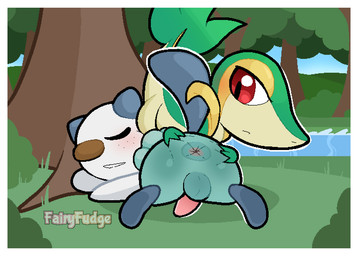 ambiguous_gender animal_genitalia animal_penis anthro anus backsack balls blush border duo erection eyes_closed feet foot_on_face forest genitals looking_at_another male male/ambiguous outside penis plant red_eyes river sleeping spread_anus spreading stepping_on_face text tree white_border fairyfudge nintendo pokemon generation_5_pokemon oshawott pokemon_(species) snivy artist_name digital_media_(artwork)