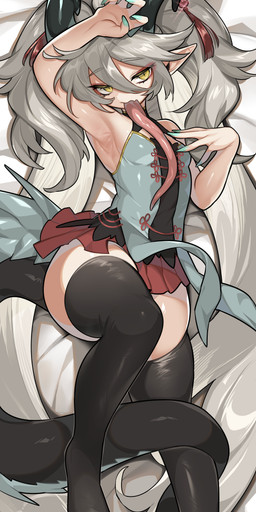 bottomwear clothing dakimakura female front_view horn legwear long_tail long_tongue pointy_ears raised_arm skirt solo tail tail_around_leg thigh_highs tongue mochi_taichi mythology xenoluxe theli_(xenoluxe) animal_humanoid dragon dragon_humanoid humanoid mythological_creature mythological_scalie scalie absurd_res dakimakura_design hi_res
