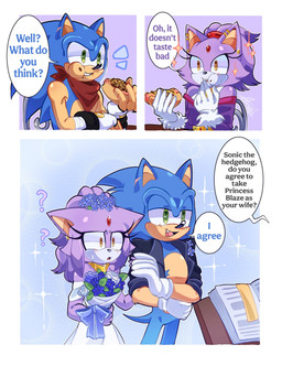 anthro blush bouquet chili_dog clothing confusion dialogue dress duo eating female flower food gloves green_eyes hair handwear hero hot_dog humor kerchief male male/female married_couple plant ponytail princes smile speech_bubble surprised wedding wedding_dress yellow_eyes floobit_alex sega sonic_the_hedgehog_(series) blaze_the_cat sonic_the_hedgehog domestic_cat eulipotyphlan felid feline felis hedgehog mammal comic hi_res
