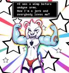 anthro black_sclera bulge clothed clothing dialogue flexing fur humor long_ears male muscular muscular_anthro muscular_male nipples open_mouth rainbow simple_background skimpy smug solo text tongue underwear white_body white_fur crackers undertale undertale_(series) asriel_dreemurr_(god_form) undyne boss_monster_(undertale) bovid caprine mammal 2018 english_text