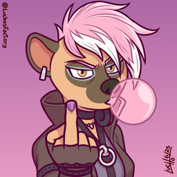 5_fingers abstract_background anthro black_nose blowing_bubble_gum brown_body brown_fur candy clothing dessert ear_piercing electronics female fingerless_gloves fingers food fur gesture gloves gum hair hand_gesture handwear headphones jacket jewelry middle_finger multicolored_body multicolored_fur necklace piercing pink_hair solo tan_body tan_fur topwear yellow_eyes luchosfactory rimba_racer vyxx_(rimba_racer) hyena mammal 1:1 bust_portrait portrait