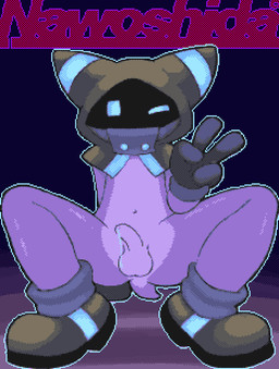 anal anthro balls bent_legs blue_eyes bodily_fluids clothing crouching dripping erection footwear genital_fluids genitals gesture gloves half-erect hand_gesture handwear hood male navel one_eye_closed penis precum precum_drip purple_body shoes short_tail solo tail text v_sign nawoshida unknown_species 2025 2:3 animated digital_media_(artwork) loop purple_theme signature tagme