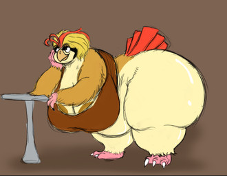 anthro brown_clothing brown_shirt brown_tank_top brown_topwear clothing feathers feet female hand_on_face looking_up obese overweight resting_arm shirt simple_background smile solo tail tail_feathers talons tank_top thick_thighs toes topwear wide_hips nauiho nintendo pokemon fan_character avian generation_1_pokemon pidgeot pokemon_(species)