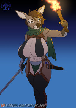 anthro armor belt bevor big_breasts bikini_armor bottomwear breasts brown_body brown_eyes brown_fur brown_hair cape clothing elena_cielo female fur garter_straps gauntlets gloves hair handwear leather loincloth melee_weapon scarf solo studs sword thick_thighs unconvincing_armor weapon white_body white_fur chromakoros tamagotchi deer mammal hi_res