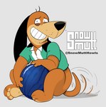 2022 anthro augie_doggie_and_doggie_daddy bottomless bottomless_anthro bottomless_male bowling_ball bowling_shirt canid canine canis claws clenched_teeth clothed clothing doggie_daddy domestic_dog half-closed_eyes hanna-barbera jellystone_(hbo_max) looking_at_viewer male mammal narrowed_eyes nervous nervous_smile shirt shirt_only signature sitting smile smiling_at_viewer snowmutt solo tail tail_motion tailwag teeth toe_claws topwear topwear_only