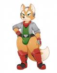 acstlu anthro bulge canid canine clothing fingerless_gloves fox fox_mccloud fur gloves green_eyes handwear hi_res jacket kerchief leotard male mammal neckerchief neckwear nintendo orange_body orange_fur simple_background solo standing star_fox thick_thighs thong_leotard topwear white_body white_fur