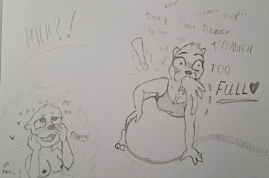 all_fours anthro belly belly_expansion belly_inflation big_belly blush blush_lines bodily_fluids clothing crop_top exclamation_point expansion female filled_to_the_brim hand_on_belly heart_symbol hose hose_in_butt hose_inflation inflation ready_to_burst ready_to_pop shirt solo text topwear vomit wet_dream patchwork_weasel mammal mustelid otter