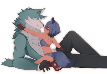 abs anthro anthro_on_anthro bandeau_bra black_nose blue_body blue_bra blue_clothing blue_eyes blue_fur blue_hair blue_panties blue_underwear blush bodily_fluids bra bra_clasp brown_body brown_fur clothed clothing duo eye_contact female fluffy fluffy_tail fur gloves hair hand_on_crotch hand_on_neck handwear kneeling looking_at_another male male/female multicolored_body multicolored_fur panties reclining short_hair simple_background strapless_bra strapless_clothing strapless_underwear sweat tail underwear underwear_only white_background white_body white_fur xue_lemon brand_new_animal studio_trigger michiru_kagemori shirou_ogami canid canine canis mammal raccoon_dog tanuki wolf hi_res