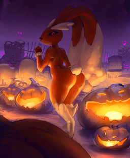 anthro arm_tuft big_butt big_ears black_sclera breasts brown_body brown_fur brown_nose butt cemetery cotton_tail digitigrade eyebrows female female_anthro floppy_ears food fruit fur holidays jack-o'-lantern long_ears looking_at_viewer looking_back looking_back_at_viewer lop_ears plant pumpkin red_eyes small_breasts solo tan_body tan_fur thick_eyebrows thick_thighs tuft wide_hips wrist_tuft mootsider halloween nintendo pokemon generation_4_pokemon lopunny pokemon_(species) absurd_res hi_res