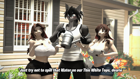 anthro big_breasts black_body black_bottomwear black_clothing black_fur black_hair black_pants blue_eyes blush bottomwear breast_grab breasts brown_eyes brown_hair clothed clothed_anthro clothed_female clothed_male clothing dialogue female flirting freckles fur grey_body grey_fur group hair hand_on_breast holding_breast male multicolored_body multicolored_fur one_eye_closed pants shirt shorts tan_body tank_top teasing text tipping topwear trio two_tone_body two_tone_fur wink conditional_dnp domi3d heather_(sleezylobo) kole_(domi3d) laura_(sleezylobo) bovid canid canine canis caprine goat mammal wolf 16:9 2025 3d_(artwork) 4k absurd_res digital_media_(artwork) english_text hi_res source_filmmaker_(artwork) widescreen