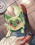 2024 3_toes acting_like_a_cat ambiguous_gender blush bowl cat_food claws climbing container cute_fangs daww digital_media_(artwork) digitigrade duo fangs feet felid feral feral_focus first_person_view fluffy fur generation_9_pokemon green_body green_fur happy hi_res high-angle_view human japanese_text kaminokefusa kemono mammal nintendo open_mouth open_smile paws pet_bowl pet_food pink_eyes pokemon pokemon_(species) quadruped smile solo_focus sprigatito tail teeth text toe_claws toes tongue translation_request treat wide_eyed