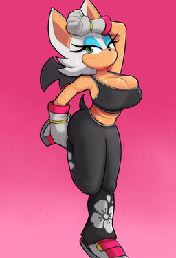 anthro big_breasts bodily_fluids breasts cleavage clothed clothing female green_eyes hair looking_at_viewer midriff navel smile solo sweat sweatdrop white_hair wings roboticsteve sega sonic_the_hedgehog_(series) rouge_the_bat bat mammal absurd_res hi_res
