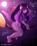 anthro breasts broom cleaning_tool clothing female flying_broom fur hat headgear headwear nipples purple_body purple_fur witch_hat aspirin_(artist) vtuber nova-aurora domestic_cat felid feline felis mammal 4:5 absurd_res hi_res