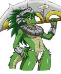 anthro armor bone breasts camel_toe claws clothed clothing collar convincing_weapon countershading crossgender female food green_body green_hair green_scales hair headgear helmet hungry licking licking_lips licking_own_lips long_hair looking_at_viewer navel non-mammal_breasts open_mouth pupils red_eyes scales self_lick simple_background skimpy slit_pupils solo teeth thought_bubble tongue tongue_out unconvincing_armor under_boob underwear weapon white_background skykain league_of_legends riot_games tencent renekton ascended crocodile crocodilian reptile scalie 2014