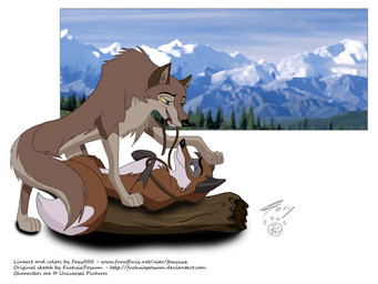 digitigrade dipstick_tail duo female female/female feral log markings mountain outside phalynx quadruped simple_background sky tail tail_markings text wood foxyxxx balto_(series) universal_studios aleu_(balto) the_cunning_trickster_(balto) canid canine canis fox hybrid mammal red_fox true_fox wolf wolfdog 4:3 english_text url
