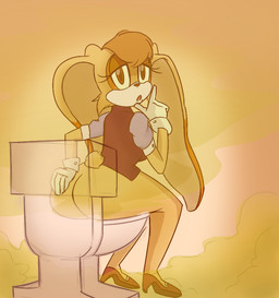 anthro big_butt big_ears bottomless breasts brown_eyes butt button_(fastener) clothed clothing collared_shirt cotton_tail dress_shirt eyelashes fart fart_cloud fart_fetish female floppy_ears footwear fur gloves hair hand_on_butt hand_on_own_butt handwear high_heels lidded_eyes long_ears looking_at_viewer looking_back looking_back_at_viewer lop_ears mature_anthro mature_female open_mouth orange_hair partially_clothed rear_view shirt shoes simple_background sitting sitting_on_toilet smelly solo tan_background tan_body tan_fur toilet toilet_use topwear translucent_toilet wide_hips carafalsa sega sonic_the_hedgehog_(series) vanilla_the_rabbit lagomorph leporid mammal rabbit 2016 digital_media_(artwork)