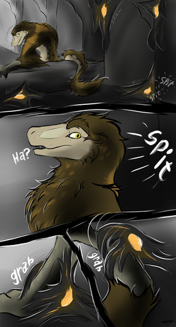 ambiguous_gender anthro bodily_fluids hunted looking_back predator/prey saliva slime solo stuck surprised tail uysu rain_world videocult lyfield_(fierian) caramel_lizard_(rain_world) dinosaur dromaeosaurid lizard_(rain_world) prehistoric_species reptile saurischian scalie theropod utahraptor absurd_res comic hi_res