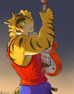 anthro blue_bottomwear blue_clothing blue_eyes bottomwear brown_body brown_fur brown_stripes clothing countershade_arms countershade_face countershading electric_guitar fur guitar male multicolored_body multicolored_fur muscular muscular_anthro muscular_male musical_instrument pink_nose plucked_string_instrument red_clothing red_shirt red_tank_top red_topwear shirt side_view solo string_instrument striped_body striped_fur stripes tail tan_body tan_countershading tan_fur tank_top topwear yellow_body yellow_fur brankas morenatsu torahiko_ooshima felid mammal pantherine tiger 2025 absurd_res dated hi_res