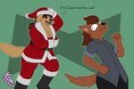 ambiguous_gender anthro big_breasts breasts chasing christmas_clothing christmas_headwear cleavage clothed clothing costume dialogue duo female hat headgear headwear holidays running santa_costume santa_hat lonnyk christmas alex_(lonnyk) lani_(lonnyk) bird_dog canid canine canis domestic_dog hunting_dog labrador mammal retriever 3:2 hi_res