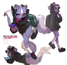 anthro backpack biped black_clothing black_footwear black_jacket black_ribbon black_shoes black_topwear blue_eyes bottomless bottomless_anthro bottomless_female bow_ribbon breasts clothed clothed_anthro clothed_female clothing electronics eyelashes eyeliner facial_markings female female_anthro footwear fur head_markings headphones headphones_around_neck holding_object holding_phone humanoid_hands jacket looking_aside looking_at_object looking_at_phone lying makeup markings no_shoes on_front oversized_clothing oversized_topwear phone plantigrade purple_body purple_fur raised_foot simple_background socks solo standing tail text topwear white_background white_body white_clothing white_footwear white_fur white_socks zipper_jacket zipper_topwear katew aggretsuko sanrio shikabane_(aggretsuko) mammal mephitid skunk 2023 artist_name hi_res multiple_images