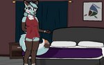 anthro bedroom bedroom_eyes big_breasts blue_body blue_eyes blue_fur blue_hair breasts cheek_tuft clothed clothing dress exposed_breasts eyelashes eyelashes_through_hair facial_tuft female fluffy fluffy_hair fluffy_tail fur fur_markings furniture gesture gesturing_at_viewer hair long_hair long_tail looking_at_viewer looking_back looking_back_at_viewer markings multicolored_body multicolored_ears multicolored_fur multicolored_tail narrowed_eyes red_clothing red_dress seductive solo striped_body striped_fur stripes tail thick_eyelashes translucent translucent_hair tuft white_body white_fur cynically_wolf ammy_(cynically_wolf) canid canine canis mammal wolf 16:10 widescreen