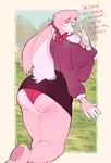 anthro big_butt bottomwear butt cheek_tuft clothed clothing curly_hair dialogue ears_back facial_tuft female frilly frilly_clothing frilly_panties frilly_underwear fully_clothed fur grass hair heart_eyes heart_symbol looking_at_viewer looking_back looking_back_at_viewer neck_tuft panties pink_body pink_clothing pink_fur pink_panties pink_underwear pivoted_ears plant raised_bottomwear raised_clothing raised_skirt rear_view ribbons skirt solo text tuft underwear upskirt kyoriichi daisy_mae_(kyoriichi) lagomorph leporid mammal rabbit absurd_res english_text hi_res