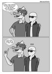 anthro bald clothing dialogue duo eyes_closed eyewear fingers frill_(anatomy) jacket male open_mouth question_mark sharp_teeth smile sunglasses teeth text topwear machacapigeon cavemanon_studios i_wani_hug_that_gator damien_payne inco_(iwhtg) dilophosaurid dilophosaurus dinosaur human hybrid mammal prehistoric_species reptile scalie spinosaurid spinosaurus theropod 2023 artist_name black_and_white comic english_text hi_res monochrome watermark