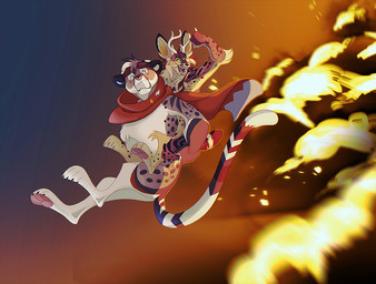 3_eyes anthro antlers bared_teeth brown_body brown_fur cape cheek_tuft clothing duo explosion facial_tuft fur hair horn male multi_eye nude red_cape red_clothing short_hair side_view tuft white_body white_fur white_hair ninetht deer felid hybrid mammal