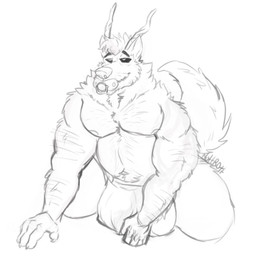 anthro belly black_sclera clean_diaper clothed clothing diaper horn male musclegut muscular muscular_male object_in_mouth pacifier pacifier_in_mouth pecs solo wearing_diaper n0ttr0tt hi_res