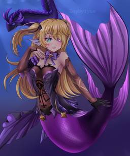 alternate_species armwear blonde_hair breasts clothed clothed_female clothing ear_fins elbow_gloves female fin gloves hair handwear heterochromia light_body light_skin mermaid_tail mermaidification purple_tail solo split_form tail topwear underwater water zephylyne genshin_impact mihoyo fischl_(genshin_impact) aquatic humanoid_merfolk merfolk 2025 absurd_res hi_res