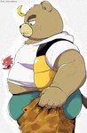 anthro belly blonde_hair blue_eyes blush brown_body brown_fur bulge butt clothing duo flustered fur hair hoodie horn male male/male overweight overweight_male red_body red_scales scales topwear vest hisashino animal_crossing nintendo tight_pants_(meme) c.j._(animal_crossing) flick_(animal_crossing) beaver chameleon lizard mammal reptile rodent scalie absurd_res hi_res meme