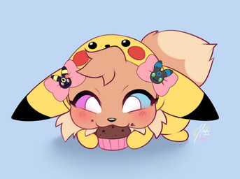 blush bow_ribbon brown_body chibi clothing costume daww female feral food happy heterochromia muffin onesie simple_background solo yellow_clothing harmlessnoodle nintendo pokemon gracie_(sweetcupcake) eevee generation_1_pokemon pokemon_(species) absurd_res hi_res