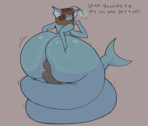 3_arms 3_eyes annoyed anthro big_butt blue_body blue_eyes bodily_fluids butt coiling coiling_another duo face_in_ass huge_butt hyper hyper_butt male male/male multi_arm multi_eye multi_limb rumpy_apode split_form sweat sweaty_butt text bellyboi13 pressure_(roblox) sebastian_solace_(pressure) anglerfish fish humanoid marine merfolk hi_res