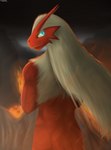 anthro avoid_posting blaziken conditional_dnp crossed_arms fire fur generation_3_pokemon glowing glowing_eyes hair hi_res lava long_hair looking_at_viewer looking_back male mountain muscular nintendo pokemon pokemon_(species) saerixdurr solo volcano yellow_eyes