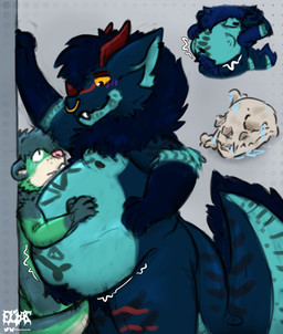 abdominal_bulge anthro belly big_belly blue_body blue_fur blush blush_lines bodily_fluids bone duo facial_piercing fatal_vore fur gold_nose_piercing gold_nose_ring gold_piercing green_body green_fur green_nipples horn huge_belly humanoid_hands hyper hyper_belly looking_down looking_down_at_another looking_up_at_another male nipples nose_piercing nose_ring overweight overweight_anthro overweight_male piercing pink_nose red_nose ring_piercing saliva skull sloshing_belly snaggle_tooth squish tan_body tan_fur tan_inner_ear vore yellow_sclera eliaslynxie mythology dragon mammal mustelid mythological_creature mythological_scalie otter scalie hi_res