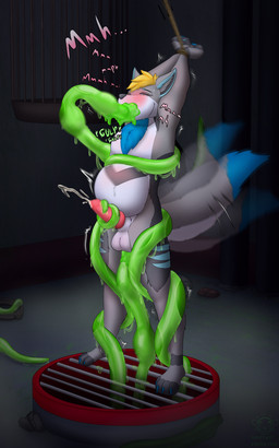 abdominal_bulge anthro blonde_hair blush bound ejaculation grey_body hair male moan rubbing_penis slime_tentacle solo stuffing swallowing tail tail_motion tailwag nanori-chan freazzy canid canine canis mammal wolf 5:8 hi_res