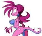 anthro back_spikes blue_body blue_nipples breasts claws ear_piercing female genitals hair multicolored_body nipples non-mammal_breasts non-mammal_nipples nude piercing pink_body pink_claws pink_hair pink_spikes pussy simple_background smile solo spiked_tail spikes spikes_(anatomy) spiky_hair standing tail two_tone_body white_background stealth-brock scalie_schoolie parker_(scalie_schoolie) agamid agaminae lizard reptile scalie spider-man_agama 2018