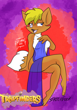 anthro blonde_hair blue_eyes breasts critterkin drape fantasy featureless_breasts female hair life_drawing medium_breasts pose simple_background sitting solo teasing fabian_zibb_(artist) trapfinders hiroko_akane canid canine fox mammal hi_res pinup