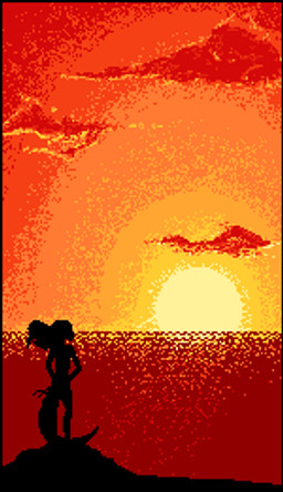anthro beach biped cloud detailed_background hair long_hair male outside scenery seaside silhouette sky solo standing sun sunset tail tail_motion tailwag wind vegi92 drake_searas lizardman reptile scalie animated digital_media_(artwork) low_res pixel_(artwork) pixel_animation